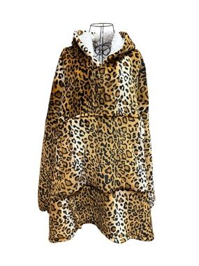 Catalonia Leopard Print Sherpa Hooded Poncho - Tan & Black XL
